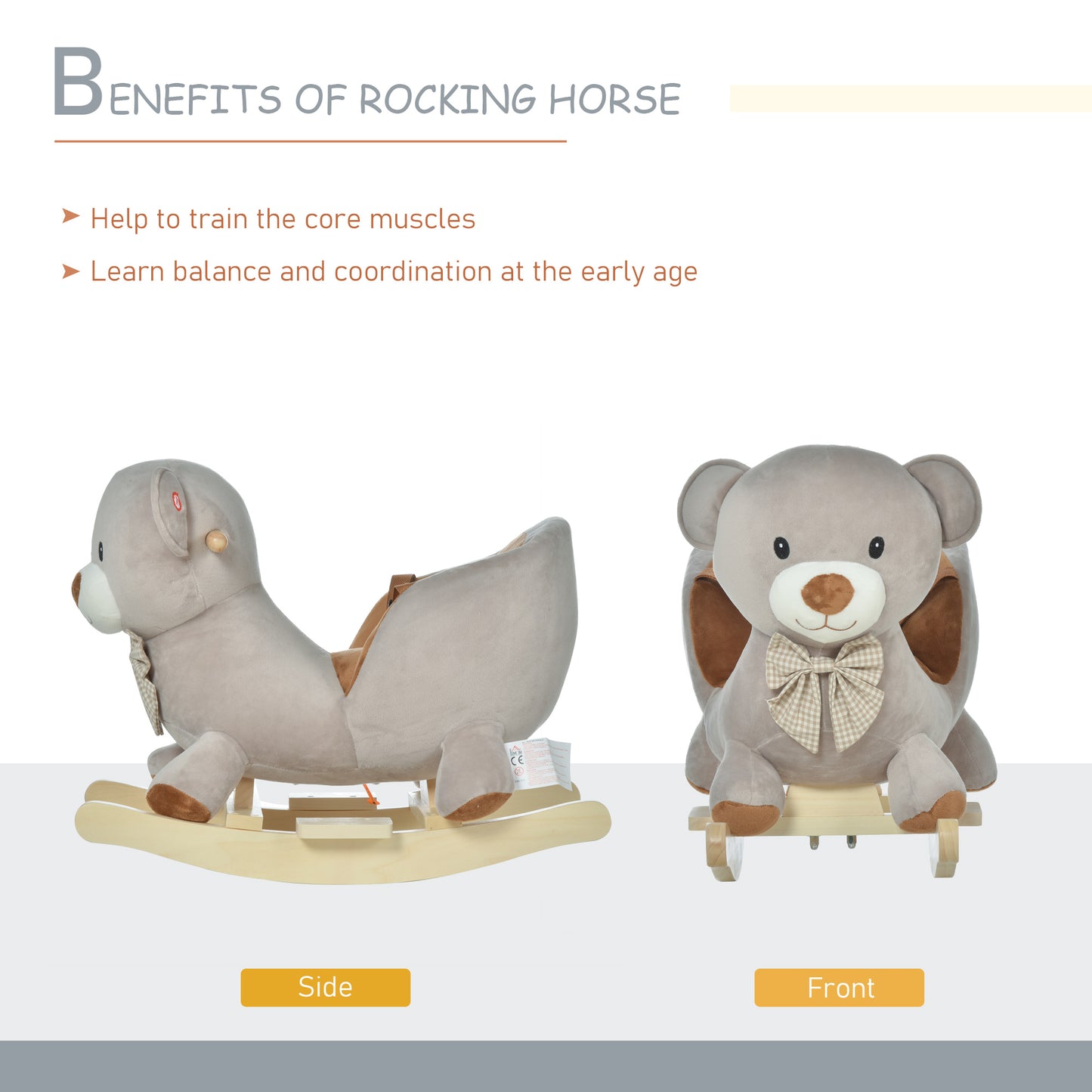 Wooden Cocking Horse, Toddlers Plush Bear Rocking Horse Grey