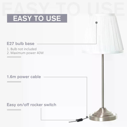 Bed Side Lamp,  Modern Table Lamp, Bedside Lamp with Pleated Fabric Lampshade and Metal Base, Home Lighting White and Silver