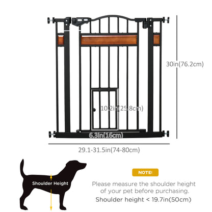 Dog Safety Gate with Cat Door, Auto Close Double Locking Pine Wood Decoration, for Doorways Stairs Indoor, 74-80 cm Wide, Black