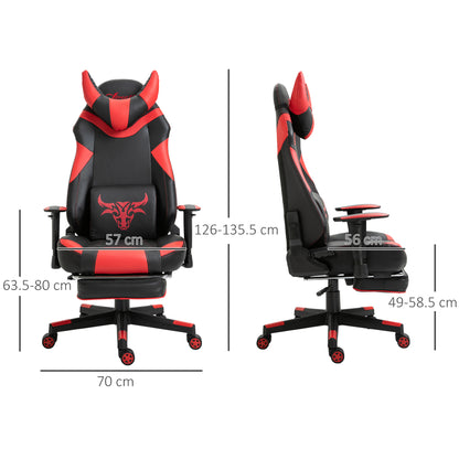 Reclining Gaming Chair with Footrest, Ergonomics, PU Leather Bull Horn Headrest Red and Black