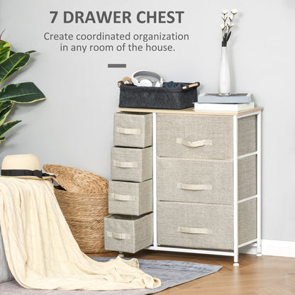 7 Drawer Chest, Fabric Drawers, w/Metal Frame Adjustable Feet White Oak &Light Grey