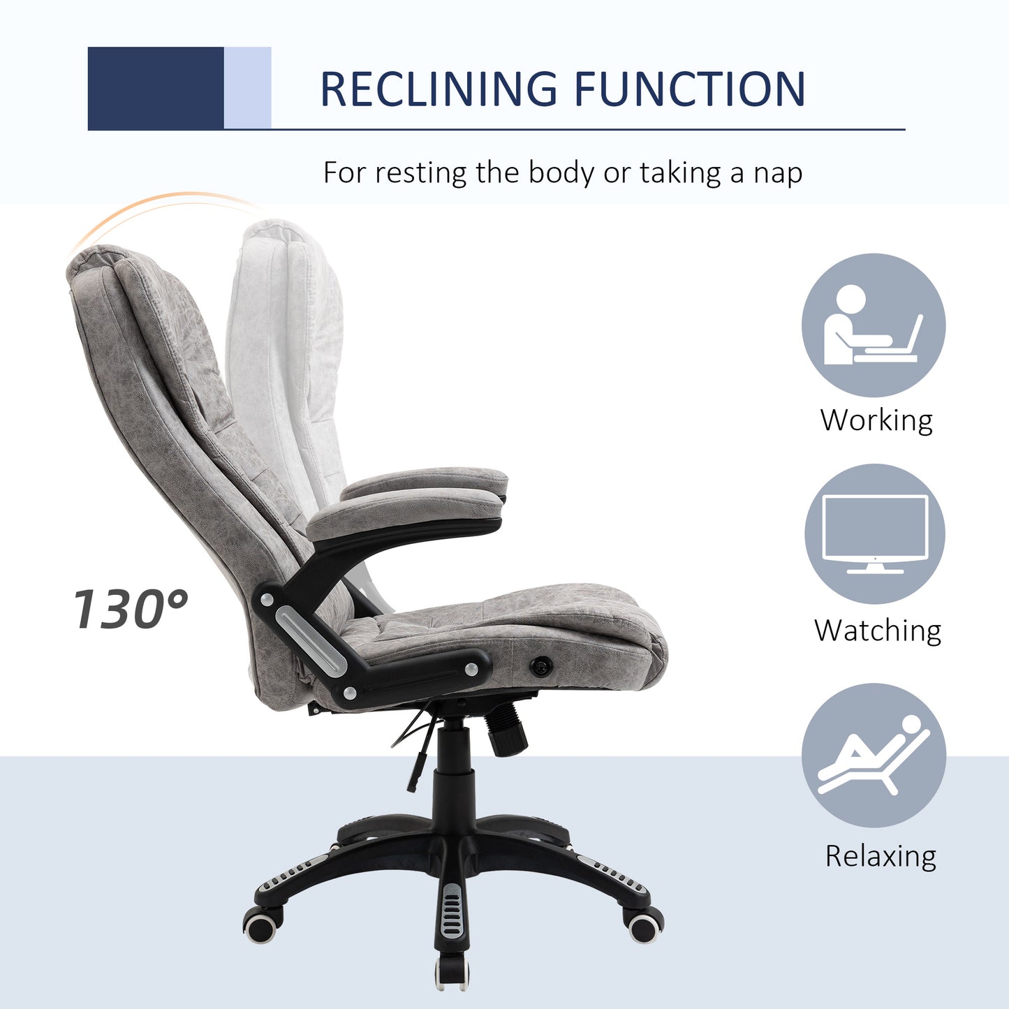 High Back Office Desk Chair, 135° Reclining, with Adjustable Height, Grey