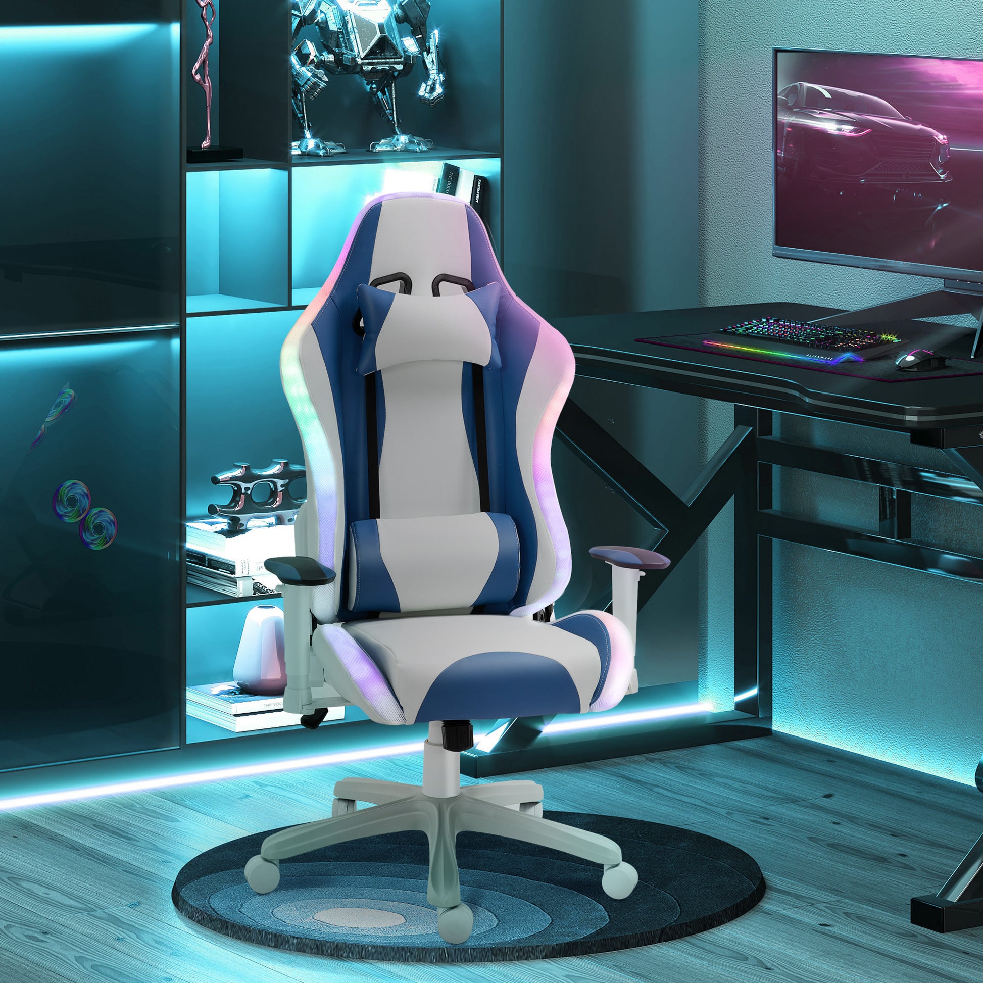 Vinsetto Blue Gaming Chair, with Led Light, Bluetooth Speakers Music Video Game Chair Pu Leather With Removable Pillows