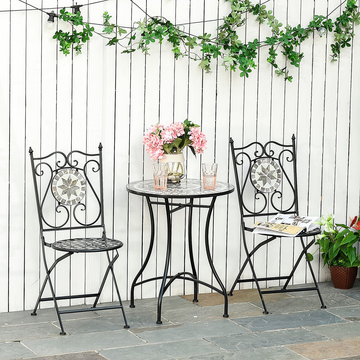 Outsunny 3 Pcs Mosaic Tile Garden Bistro Set Outdoor Seating w/ Table 2 Folding Chairs Set Metal Frame Elegant Scrolling 