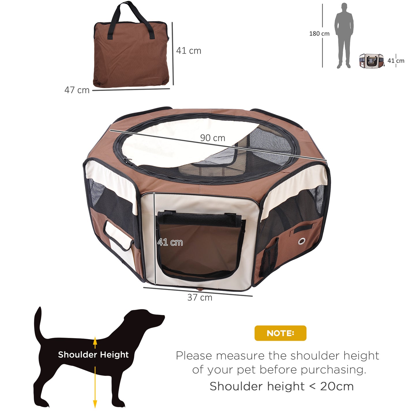 Fabric Pet Dog Playpen Octagon Shape 8 Panels Portable L37cm xH37cm xD95cm Brown and Cream