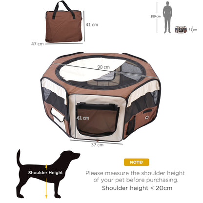 Fabric Pet Dog Playpen Octagon Shape 8 Panels Portable L37cm xH37cm xD95cm Brown and Cream