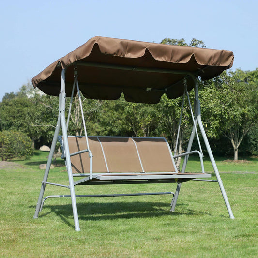 Outsunny Metal Swing Chair Garden Hammock Bench 3 Seater Rock Shelter Brown 