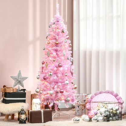 HOMCOM Pink Christmas Tree, 6FT Prelit Christmas Tree, Slim Artificial with Realistic Branches, Warm White LED Lights 