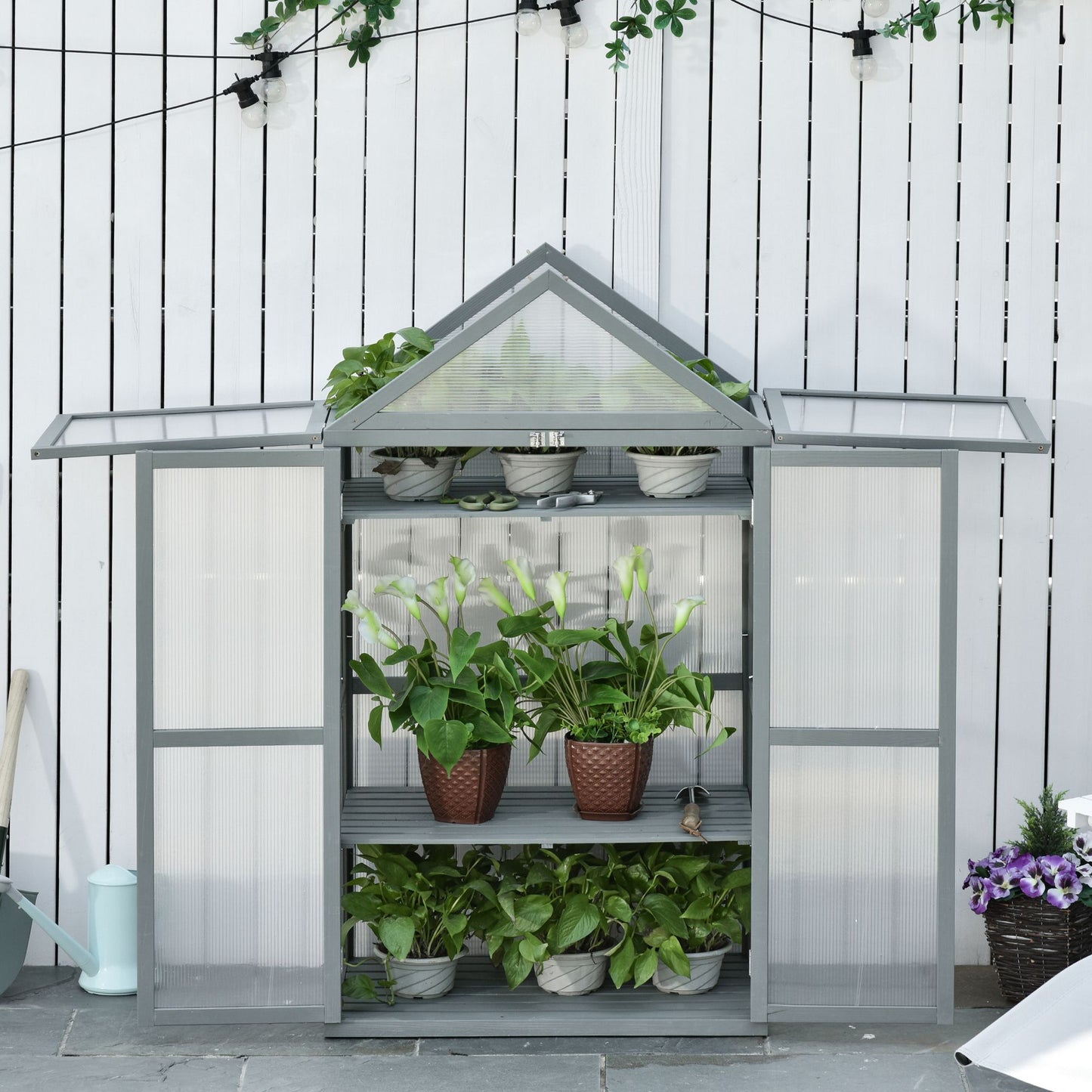 Garden Polycarbonate Cold Frame Greenhouse Grow House Flower Vegetable Plants w/ Adjustable Shelves, Double Doors Grey