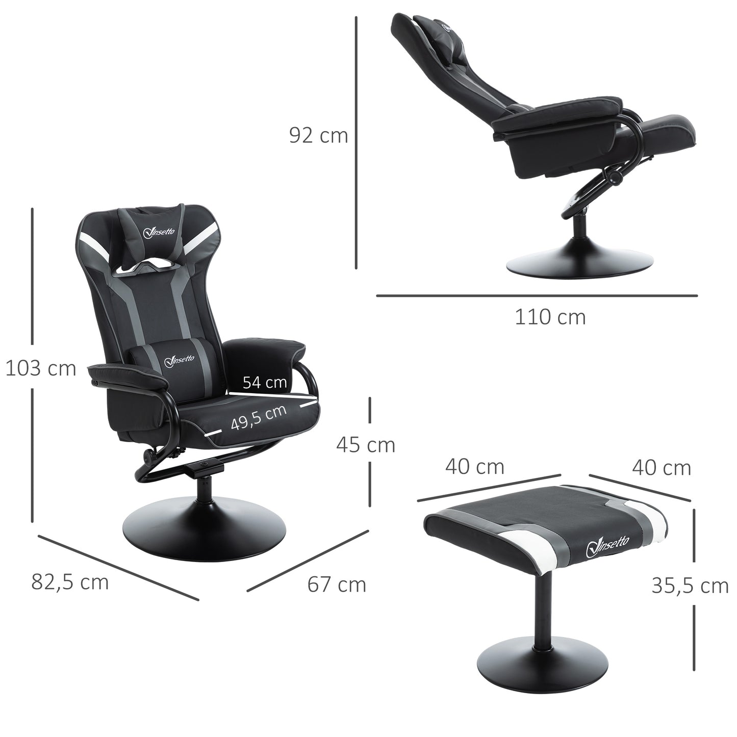 Gamer Recliner Chair, with Footrest, Removable Headrest and Lumbar Support, Tilt Function, Black and Grey