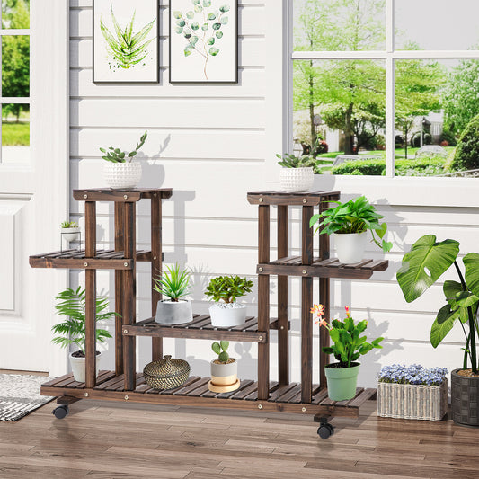 Outsunny Wooden Rustic 4-Tier Plant Stand with Wheels & Handle Indoor & Outdoor Flower Pot Organizer Storage Rack for Garden Balcony 