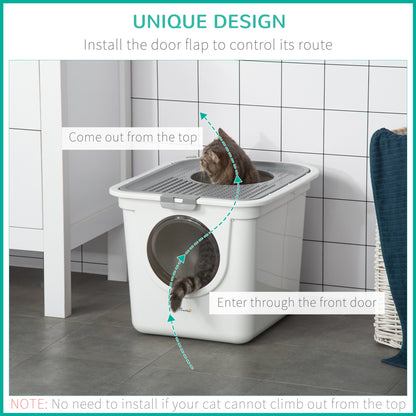 Litter Box for Cats, Cat Litter Box, Pet Toilet Enclosed w/ Front Entrance Top exit Scoop, White