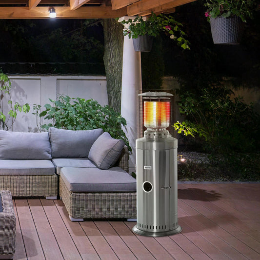 Outsunny 10KW Outdoor Gas Patio Heater Terrace Freestanding Bullet Style Heater with Wheels, Dust Cover, Regulator and Hose, Silver 