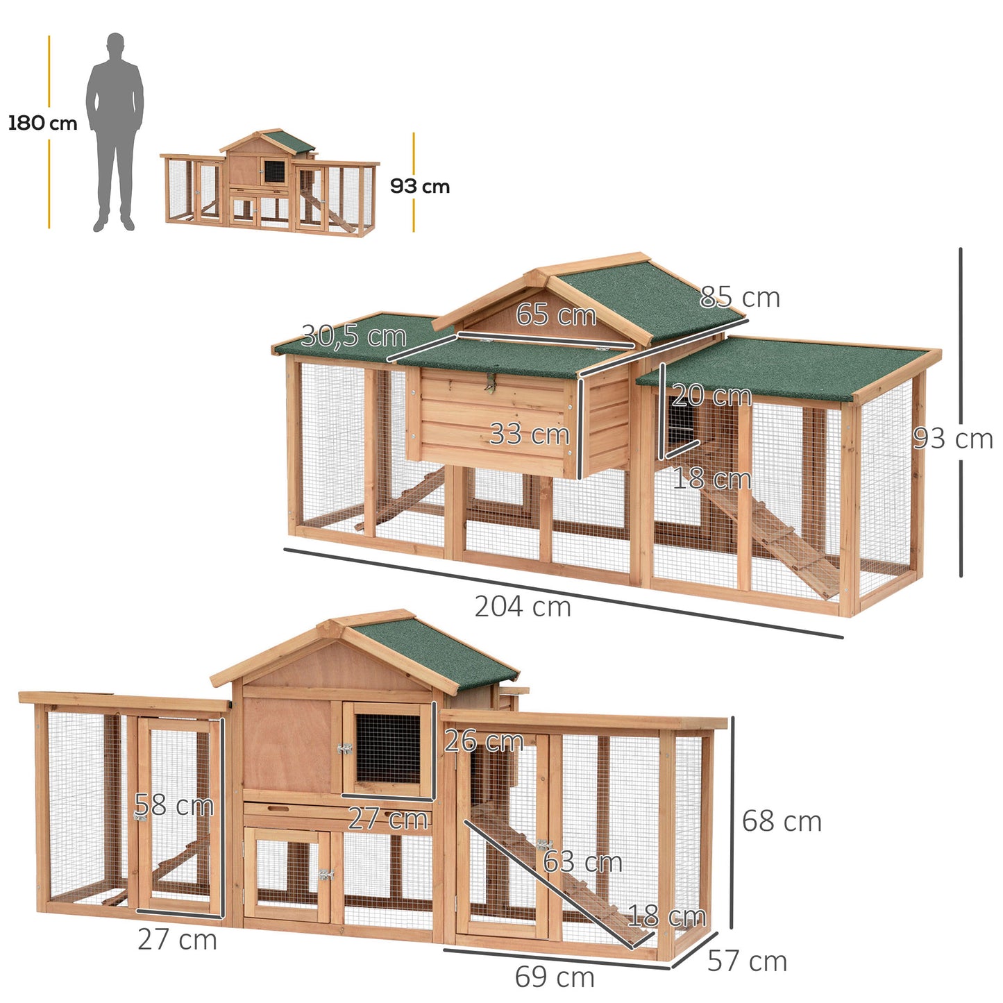 Hen Coop, with Comfortable Nesting Box & Fun Outdoor Run 204 x 85 x 93cm