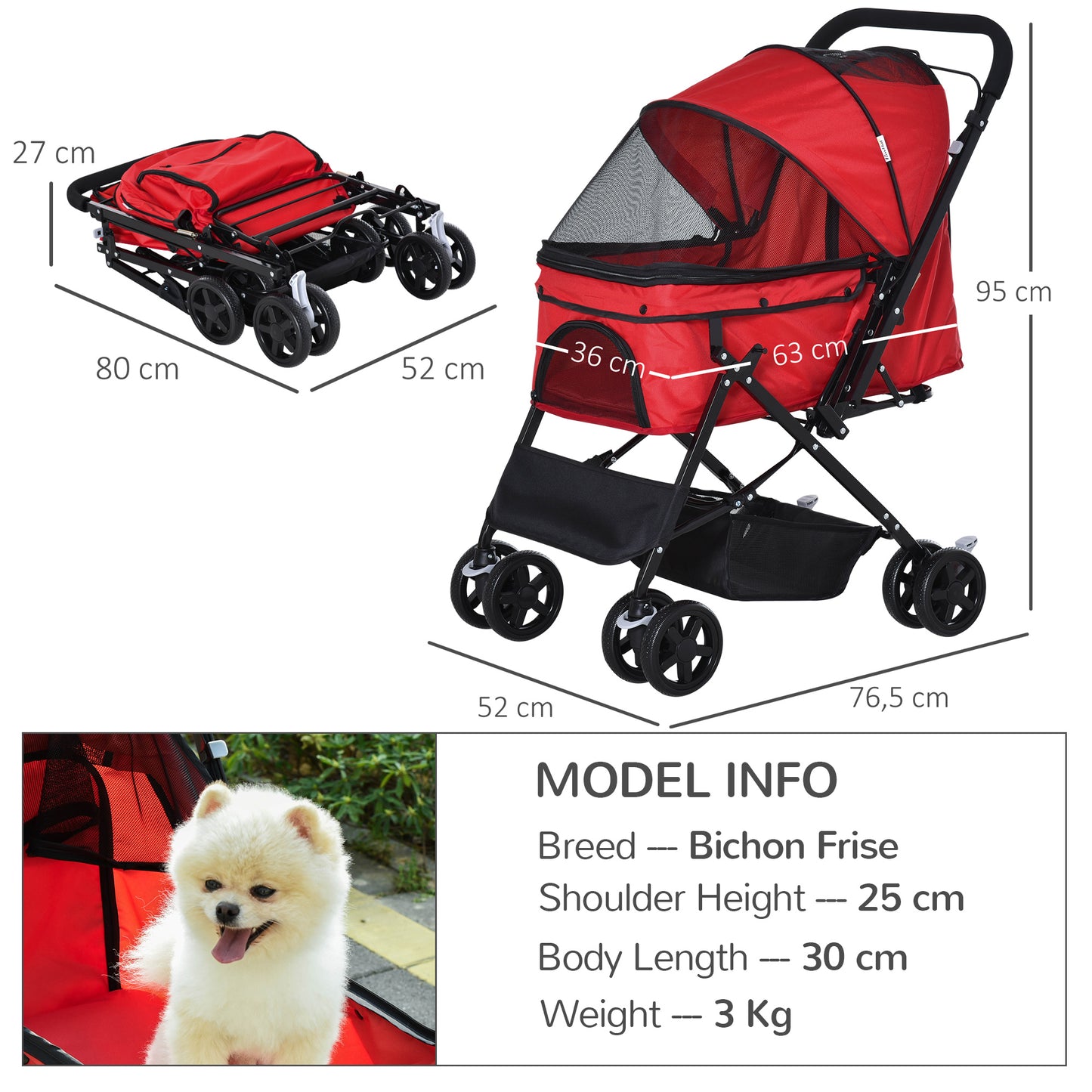 Pet Stroller Dog Cat Travel Pushchair Foldable Jogger with Reversible Handle EVA Wheel Brake Basket Adjustable Canopy Red