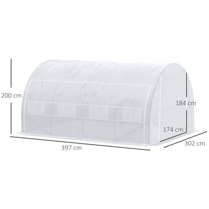 4 x 3 x 2 m Polytunnel Greenhouse, W/ Steel Frame Reinforced Cover Zippered Door&8 Windows White