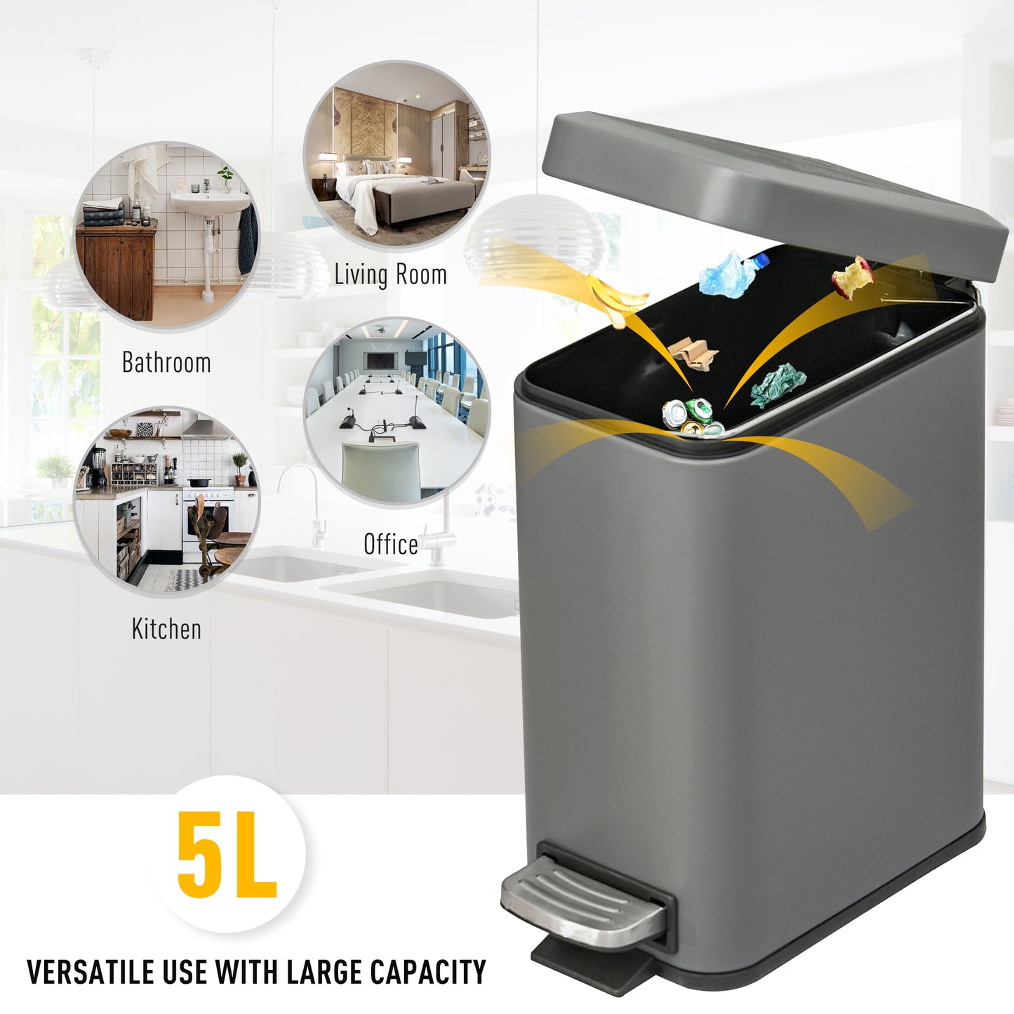 5L Pedal Bin, Bathroom Bin Small, Steel, with Quiet-Closed Lid, Silent and Gentle Open, Oversized pedal, Back Pull Ring