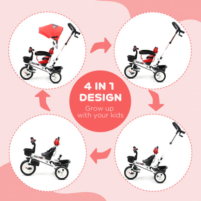 4-in-1 Baby Tricycle Stroller Kids Folding Trike Detachable Canopy Pushing Handle Learning Bike Ride On Red w/ 2 Colors