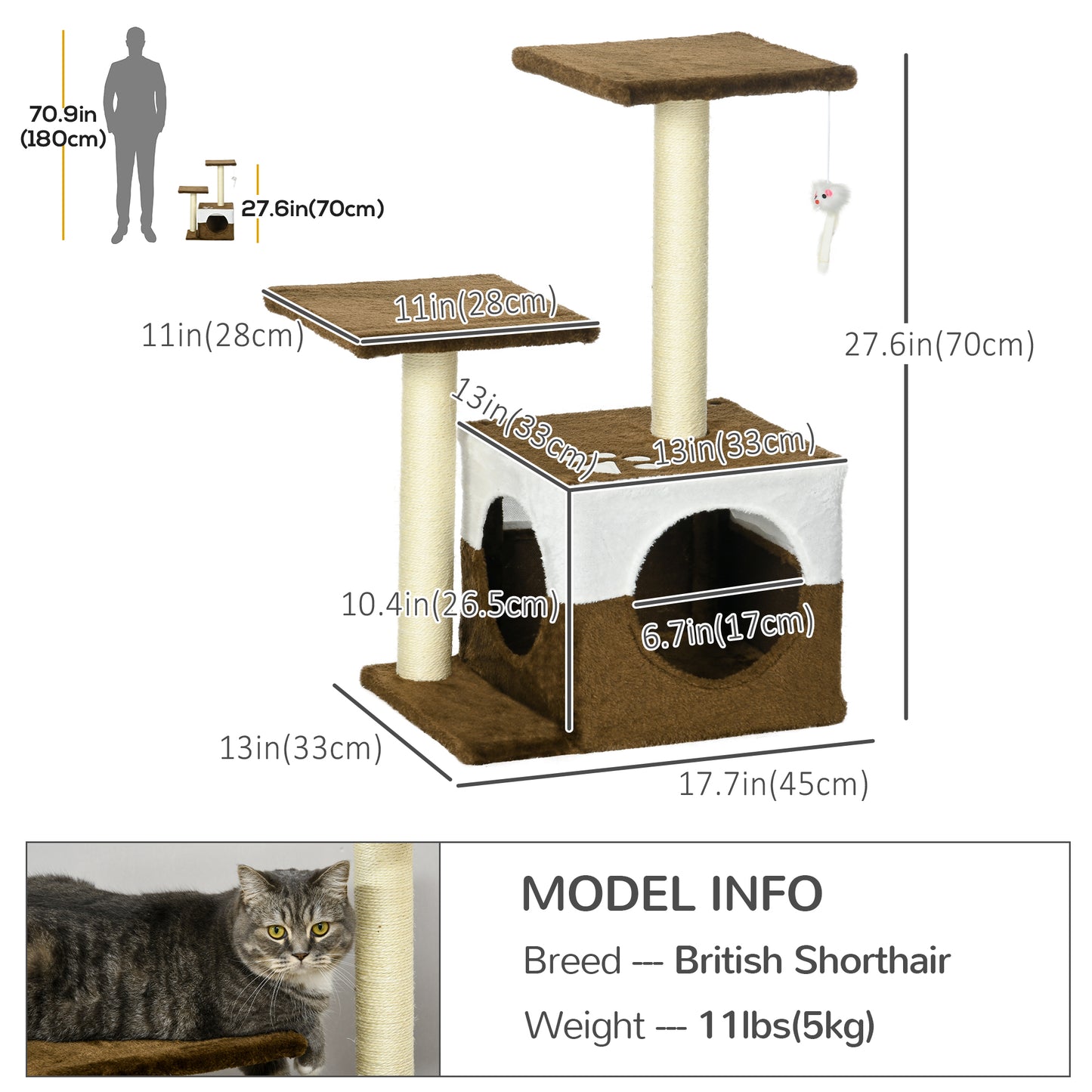 Cat Tree Tower Kitten House Scratching Posts W/ Condo Perch Interactive Mouse Toy 45 x 33 x 70 cm