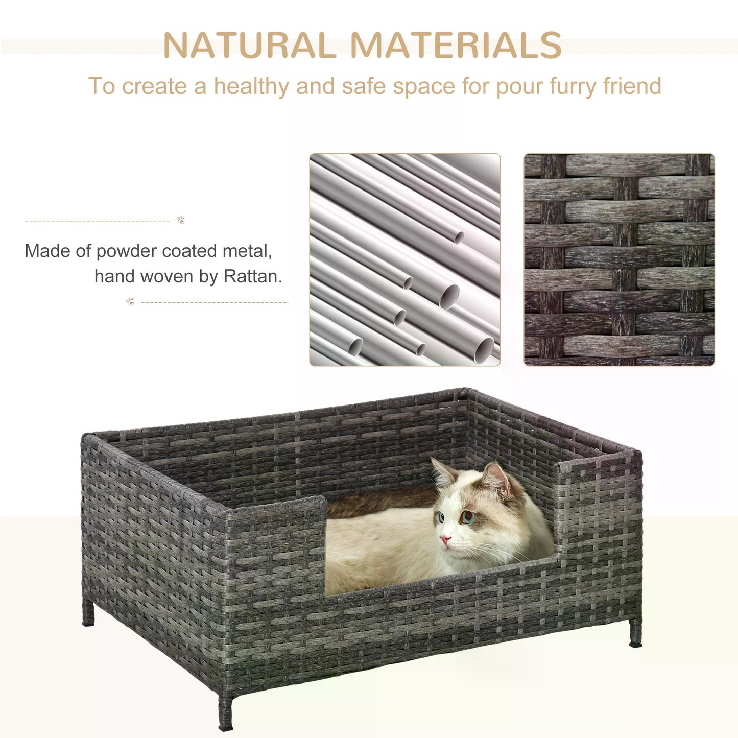 Rattan Dog Bed Four Feet Dog House Hand-knitted Metal Small Animal Sofa Rattan with Soft Machine Washable Cushion Grey