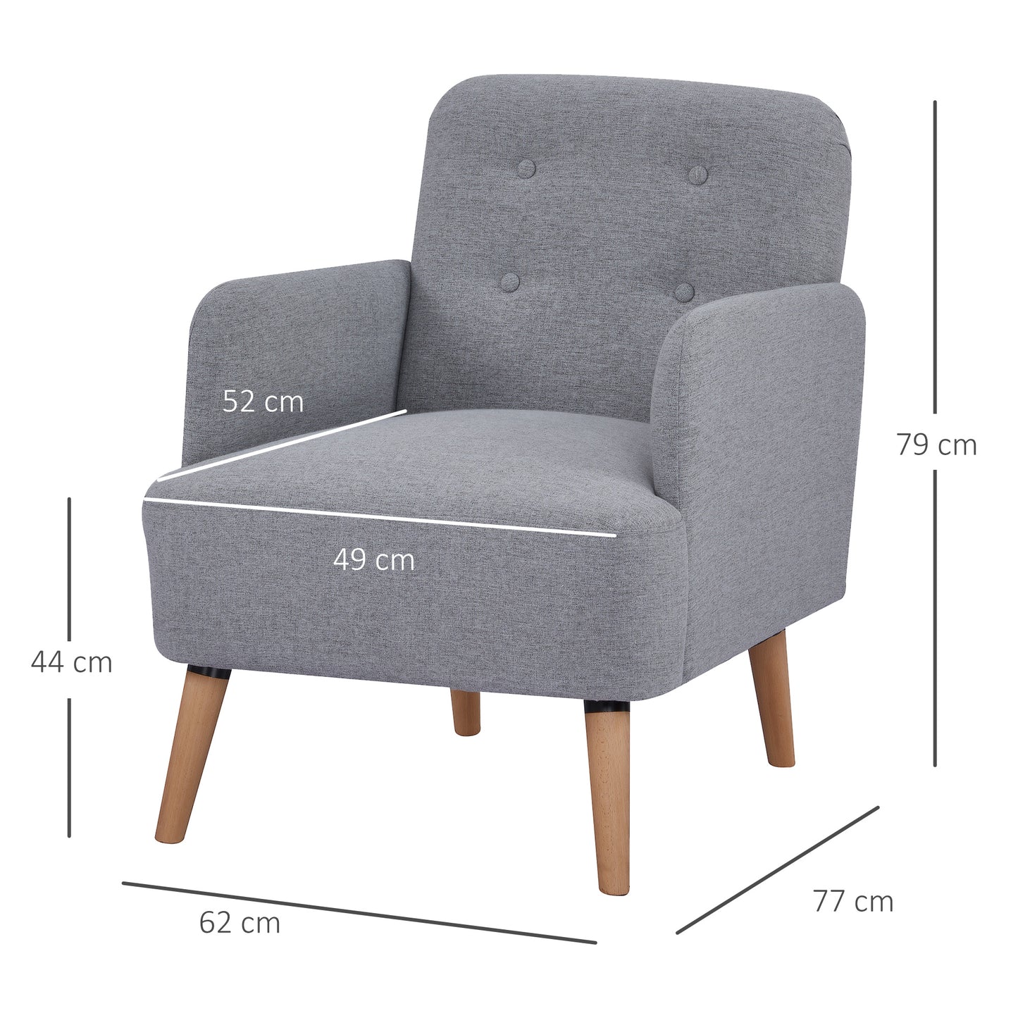 Upholstered Armchair, for Living Room, Linen-Touch, Nature Wood Frame, 24cm Thick Padding Seat, Light Grey