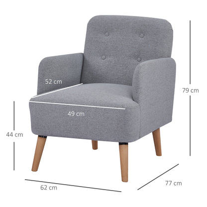 Upholstered Armchair, for Living Room, Linen-Touch, Nature Wood Frame, 24cm Thick Padding Seat, Light Grey