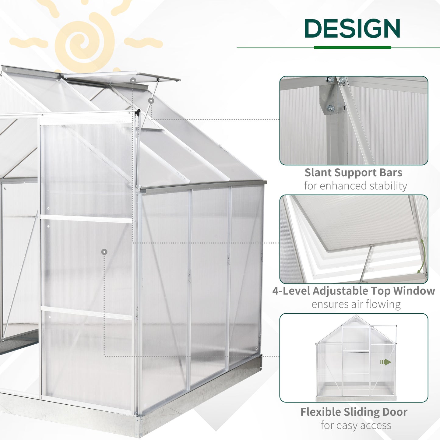 6 x 6 FT Walk-In Greenhouse Polycarbonate Panels Aluminium Frame w/ Sliding Door Adjustable Window 3.6㎡ Inner Area  Aosom IE