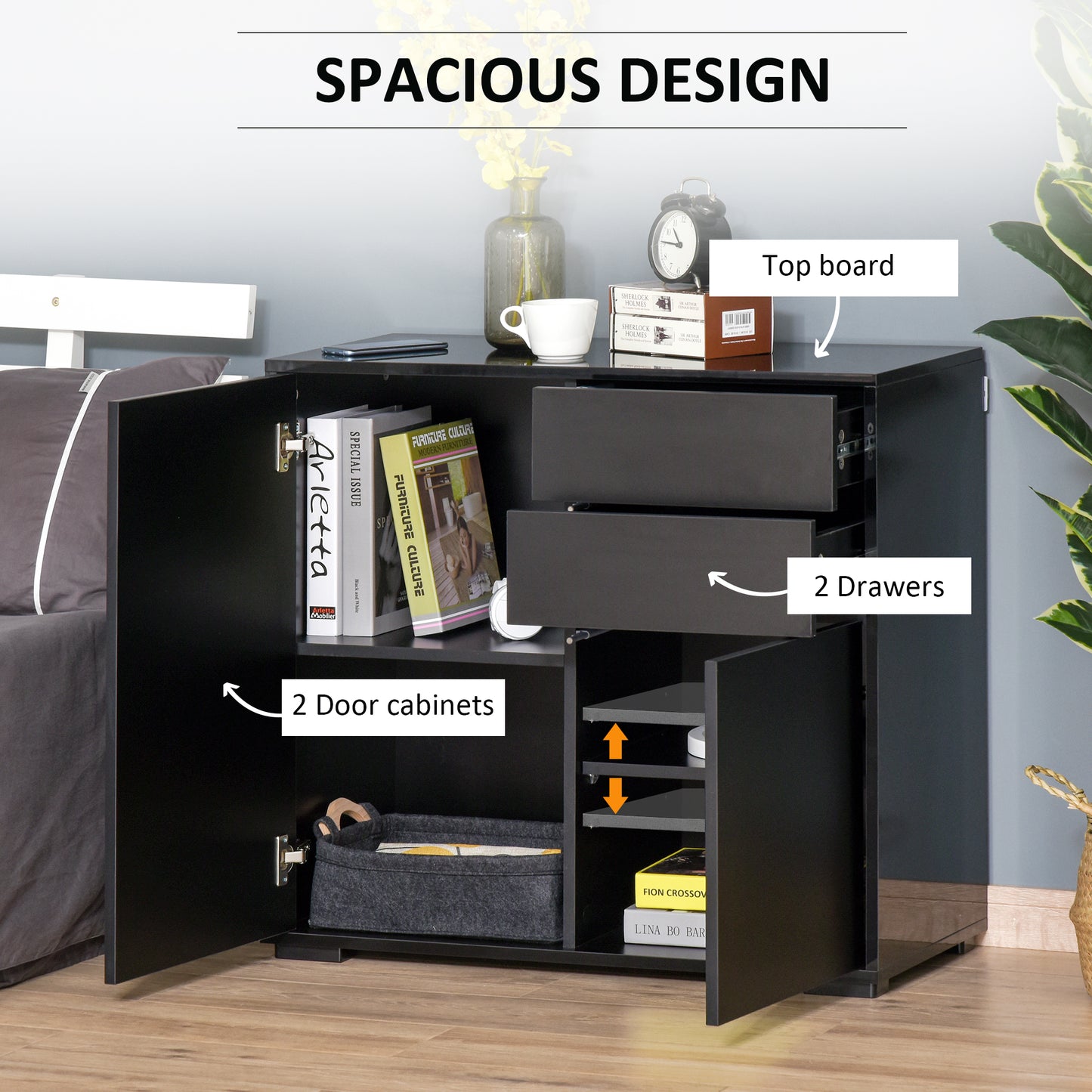 Modern Stylish Freestanding Push-Open Design Cabinet with 2 Drawer, 2 Door Cabinet, 2 Part Inner Space