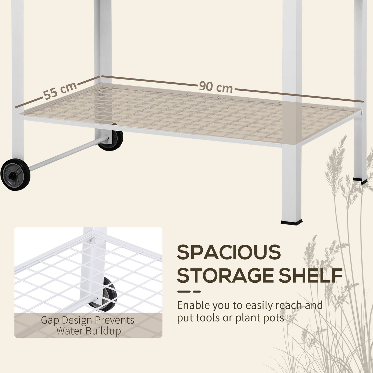 Garden Outdoor Metal Potting Table Bench Planting Workstation Push Cart with Wheels Side Hanger - White w/ Mesh Shelf Rod