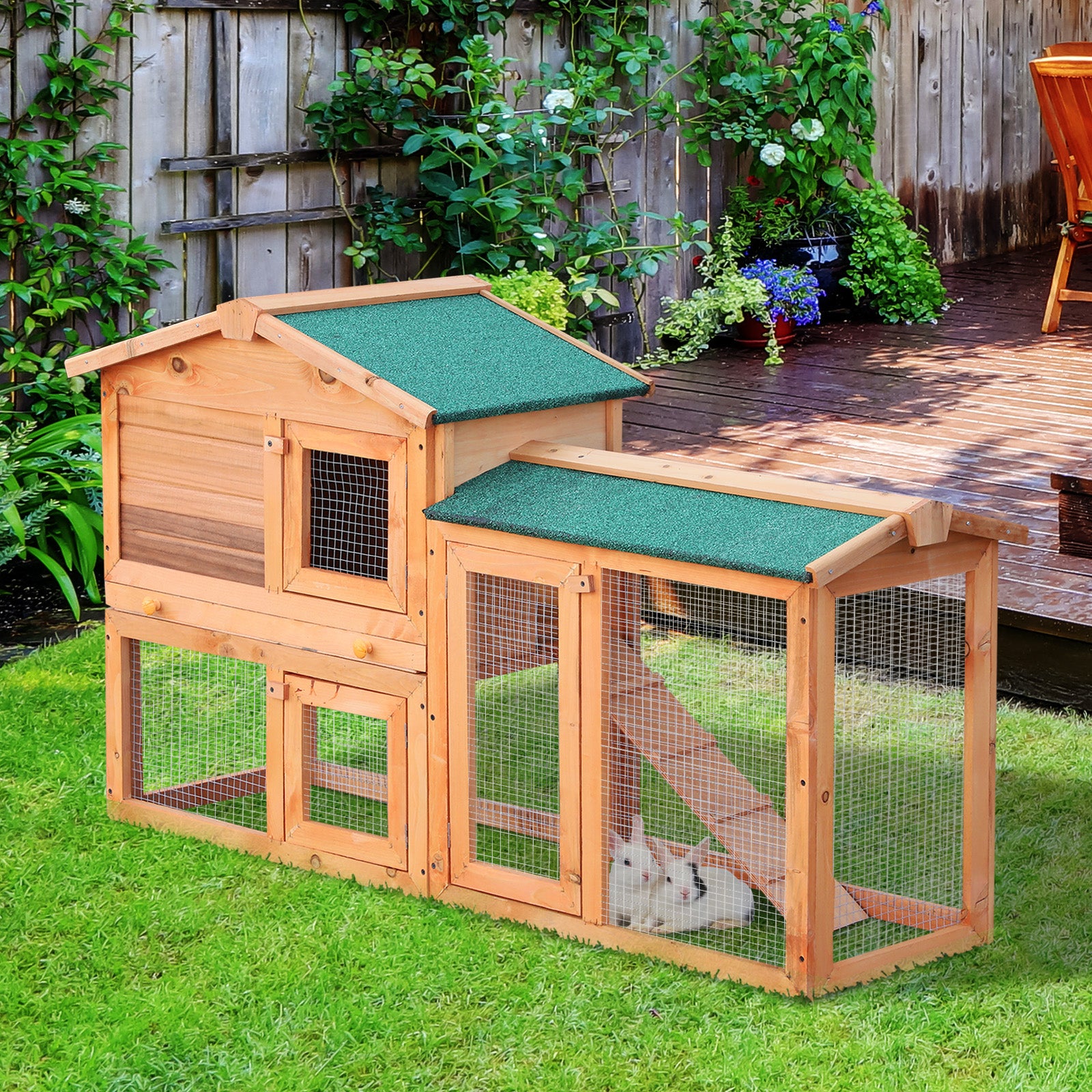 PawHut Rabbit 2 Tier Fir Wood Small Animal Hutch w/ Ramp Brown