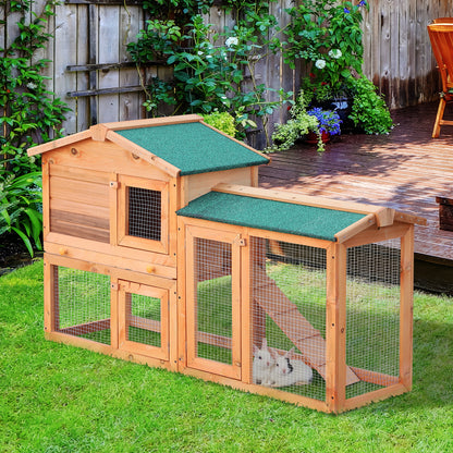 PawHut Rabbit 2 Tier Fir Wood Small Animal Hutch w/ Ramp Brown