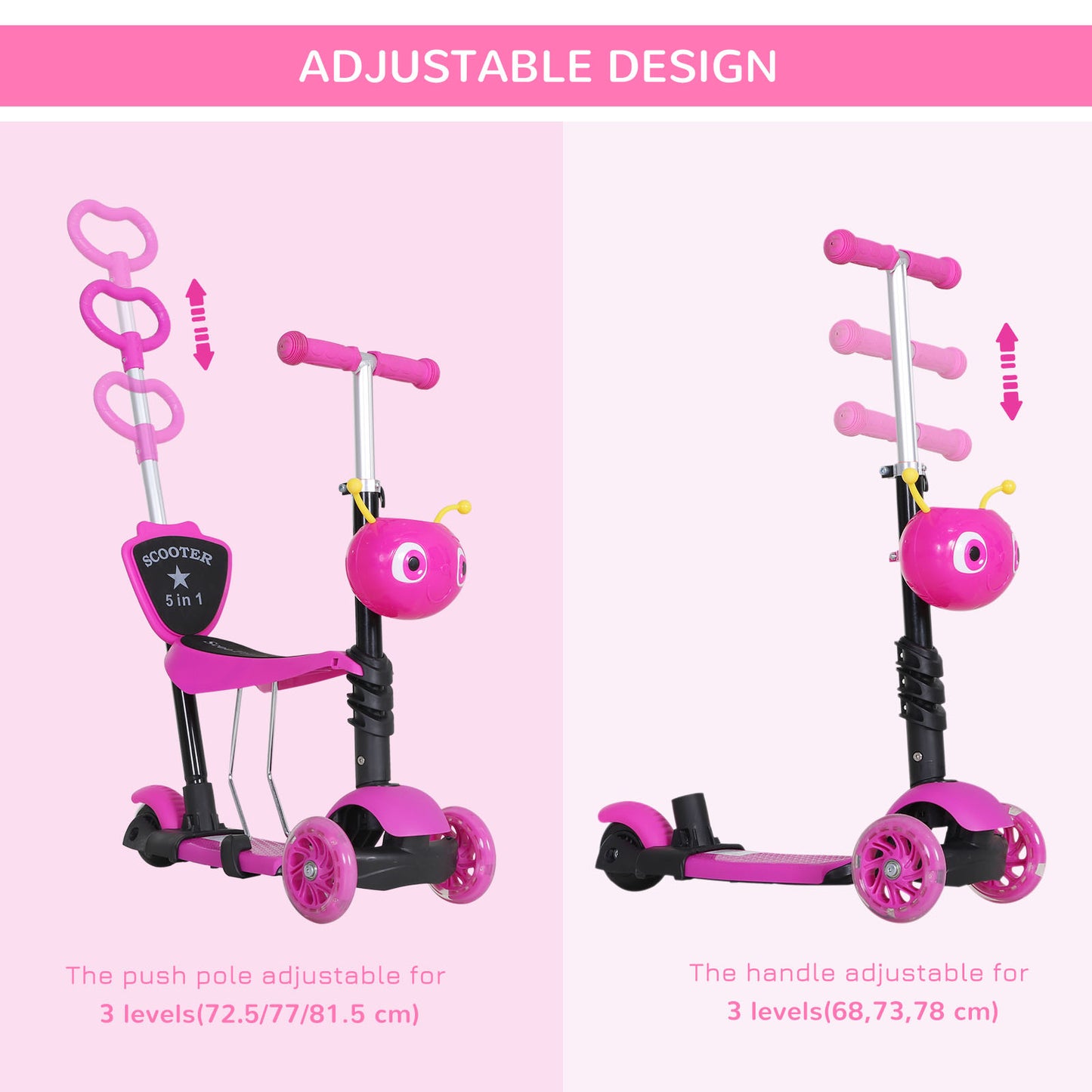 Mini Micro Scooter 3 in 1, 3 Wheels, Kids Kick Scooter W/Removable Seat-Pink