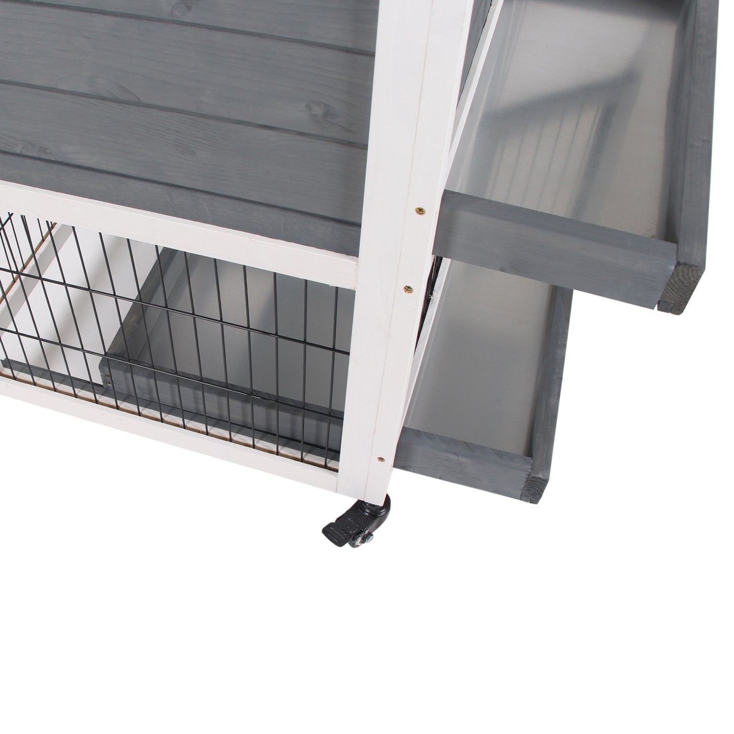 Wooden Indoor Rabbit Hutch Elevated Cage Habitat with Enclosed Run w/Wheels, Ideal for Rabbits and Guinea Pigs, Grey and White