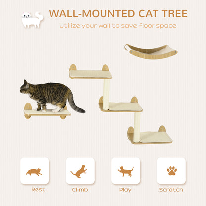 Cat Shelf Wall, 3PCs, with Jumping Platforms Hammock Scratching Post, Oak