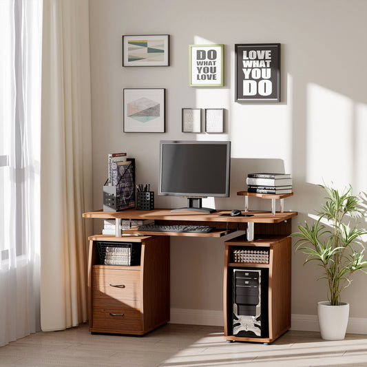 HOMCOM Computer Office Desk PC Table Workstation with  Keyboard Tray, CPU Shelf, Drawers, Sliding Scanner Shelf, Walnut Brown 