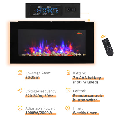 2000W Wall Mounted Tempered Glass Electric Fireplace Heater LED Wall Fires Black