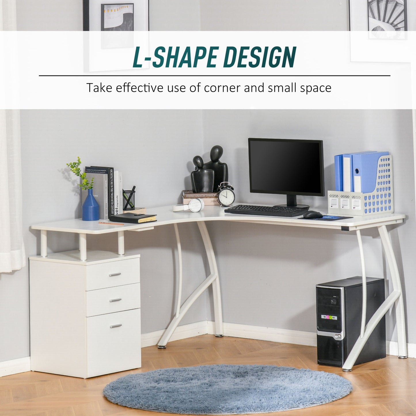 L-Shaped Office Desk w/ Storage Drawer Home Office Corner Industrial Style Workstation, White