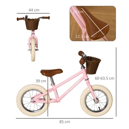 12 Inch Kids Balance Bike Toddler No Pedal Training Bicycle with Rubber Tires Adjustable Handlebar Basket Bell Pink