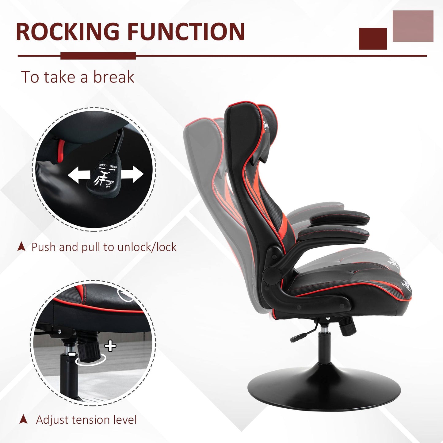 Black Red Gaming Chair, Faux Leather with Flip-up Armrests, 360° Swivel Base, Headrest, Red