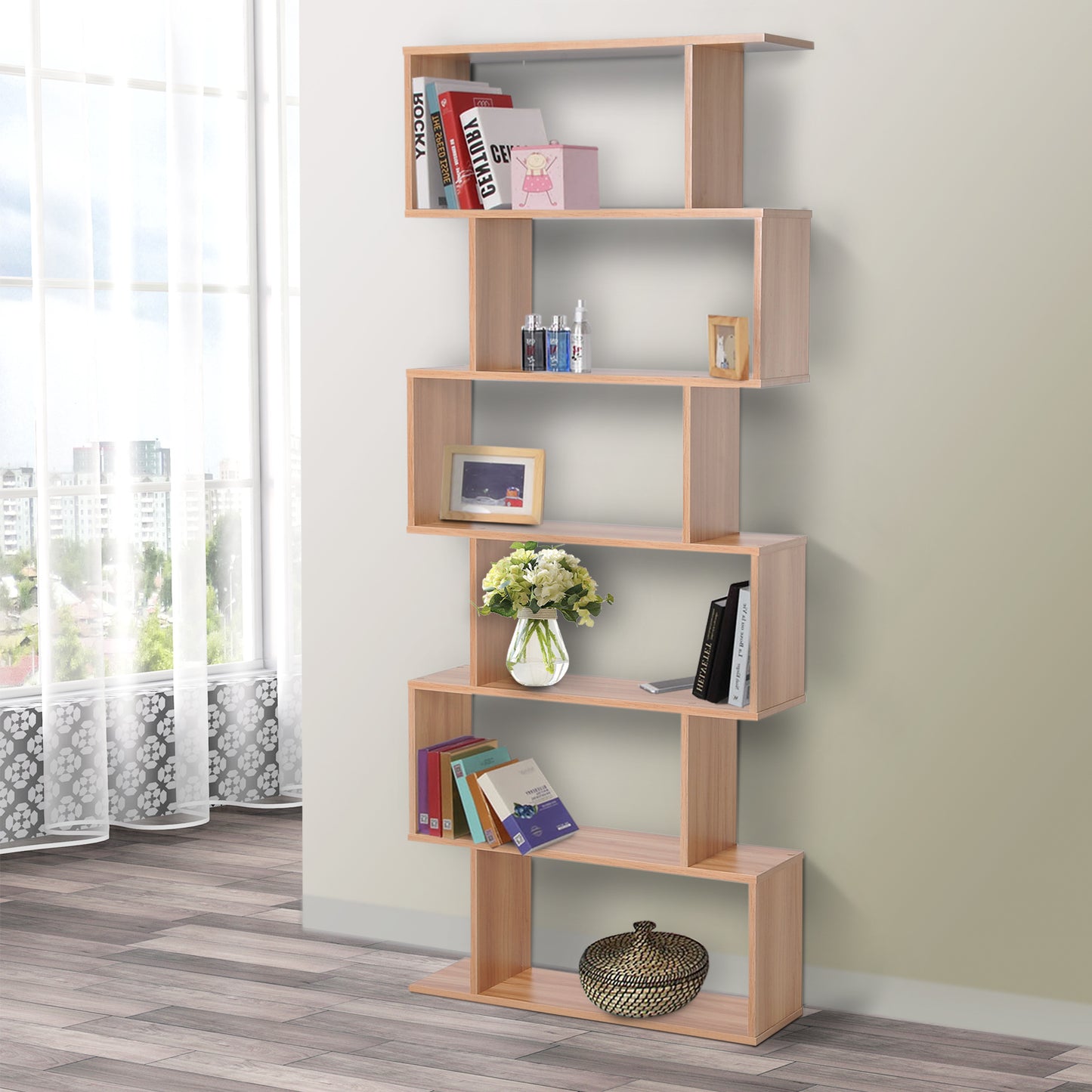 6 Tier Wooden Bookshelf Modern S-Shaped Shelf Unit Storage Display