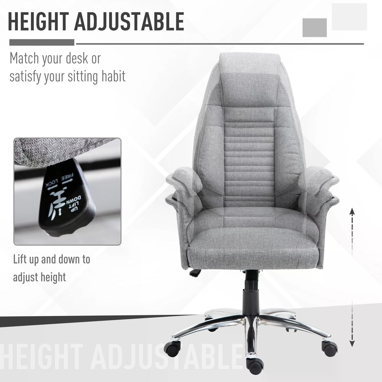 Homcom High Back Office Chair, Grey Desk Chair, Linen-Feel Fabric, Hight Adjustable, Rocking, Double-Tier Armrest