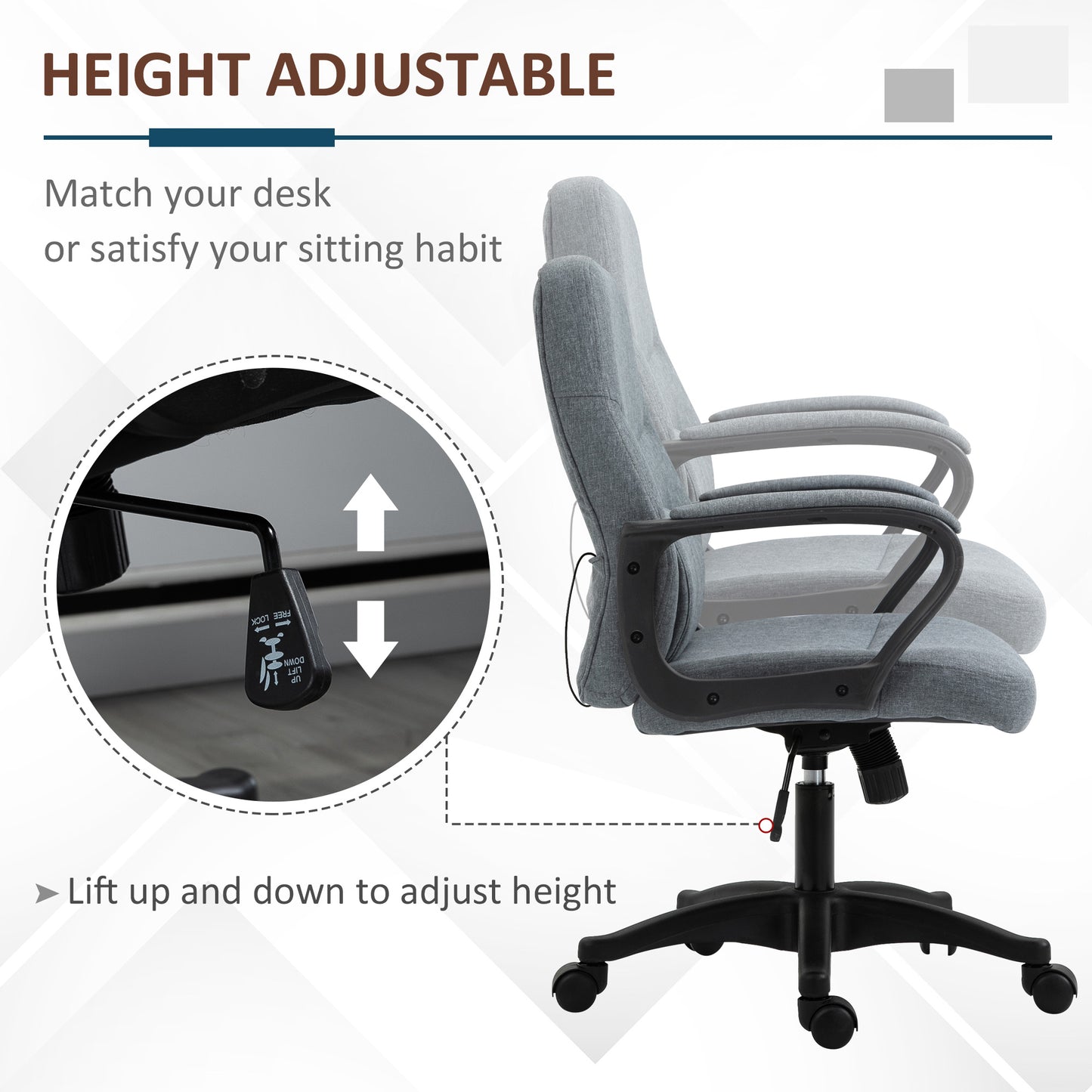 Grey Desk Chair, Two-point Vibration Massage, Linen, Rocking Function,  360° Swivel, Adjustable Height