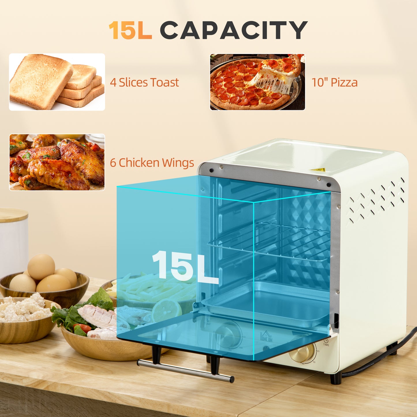 Freestanding Electric Oven, Convection Mini Oven, 15L w/ Adjustable Temperature, Timer, Baking Tray, 1000W, Cream White