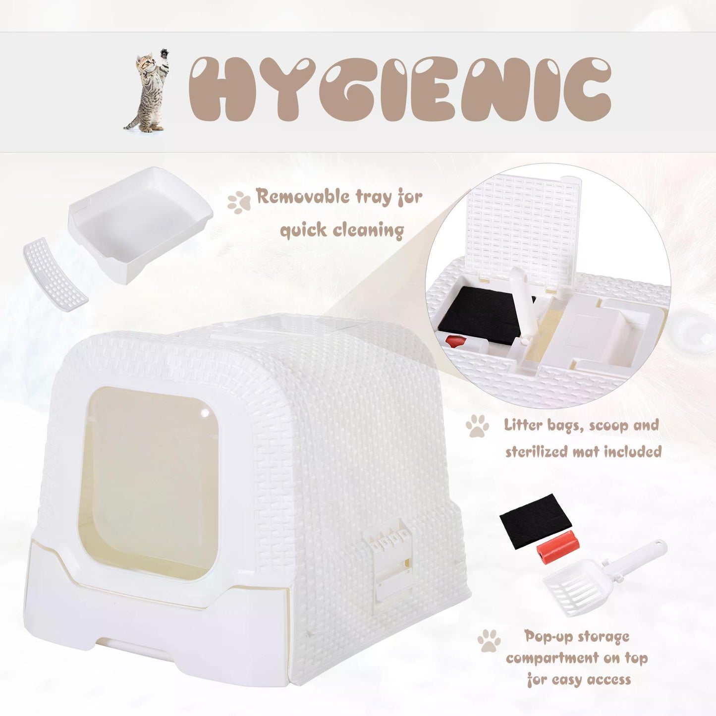 Cat Toilet, Kitty Litter Box, with Removable Tray, Fully Enclosed Design, Carry Handle White