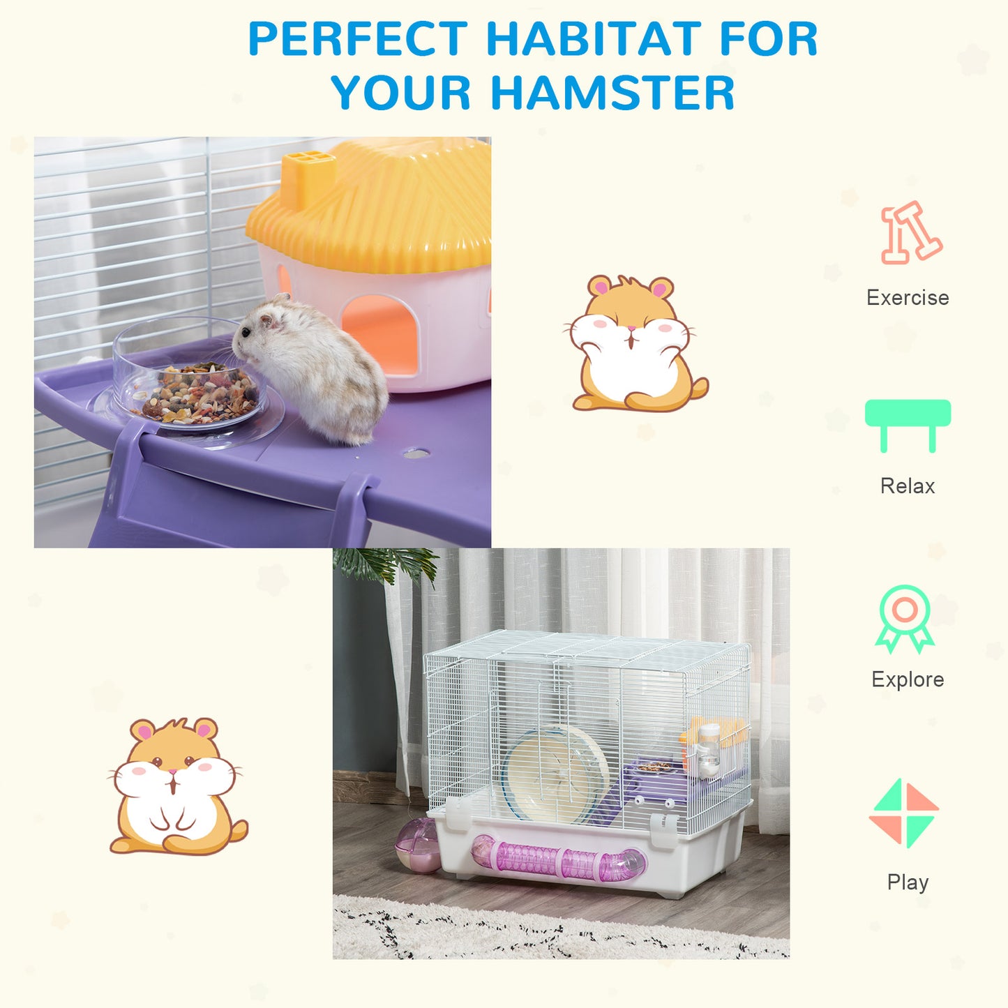 Hamster House, 2 Tier, Gerbil Rodent House Small Animal Habitat w/Exercise Wheels Tunnel Tube Water Bottle Dishes Ladder, White