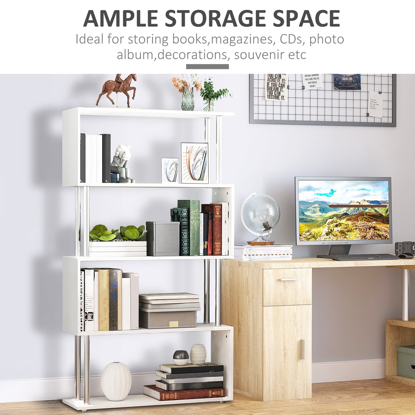 Wooden S Shape Storage Unit White Bookcase Wall Shelves-White