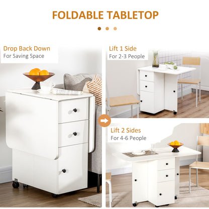 Folding Dining Table for 4-6, Rolling Drop Leaf Table with Storage Drawers, Cabinet and Open Shelf, Extendable on Wheels, White