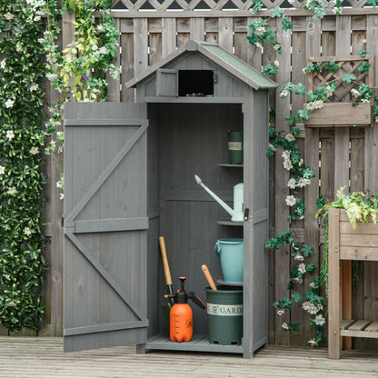 Outsunny Wooden Garden Shed, Garden Tool Storage, Vertical Utility, 3 Shelves, Lockable, Asphalt Roof, Outdoor, 77 x 54.2 x 179cm Grey