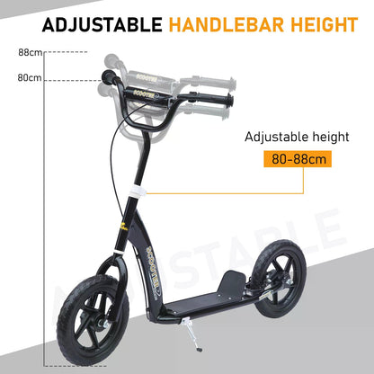 Bicycle Scooter, Kick Scooter for Kids, Big Wheel, 12" Tyres Height Adjustable, Steel Frame-Black