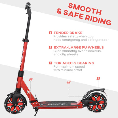 Adult Kick Scooter, Foldable w/ Adjustable Handlebar, Kickstand, Dual Shock Absorber, 200mm Wheels & ABEC-9 Bearing, Red